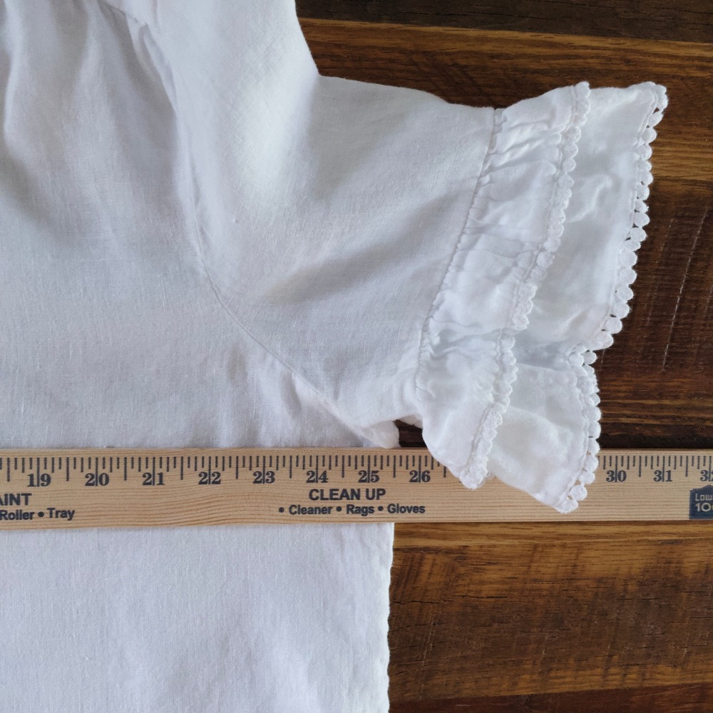 Chico's Ruffle Sleeve White 100% Linen Blouse Pom Pom Trim Women's 18 Lagenlook - Picture 6 of 7